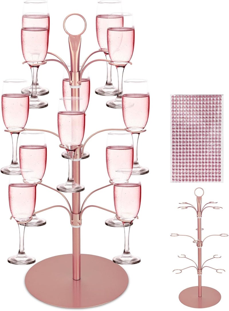 KUK Cocktail Tree Stand for Party, Metal Drink Tower with 3 Tier 12 Holders, Bar Drinks Tree Display Wine Glasses Holder Suitable for Champagne Cocktails Martini at Christmas Weddings Bridal Shower (Rose Gold) - Image 1